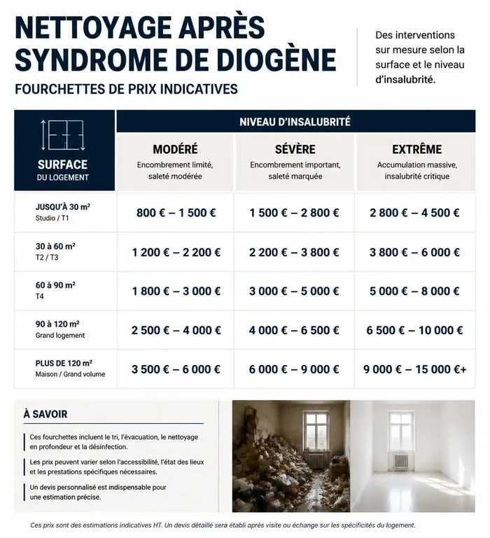 Tableau récapitulatif des tarifs de nettoyage après syndrome de Diogène selon la surface et l'insalubrité