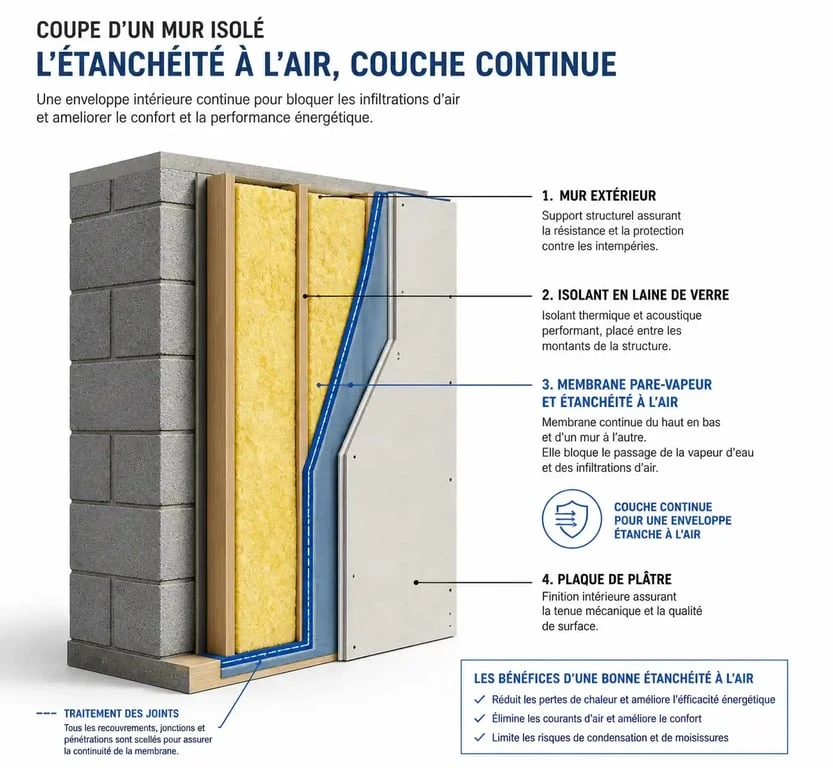 Schéma technique de la pose d'un pare-vapeur avec laine de verre pour une isolation efficace