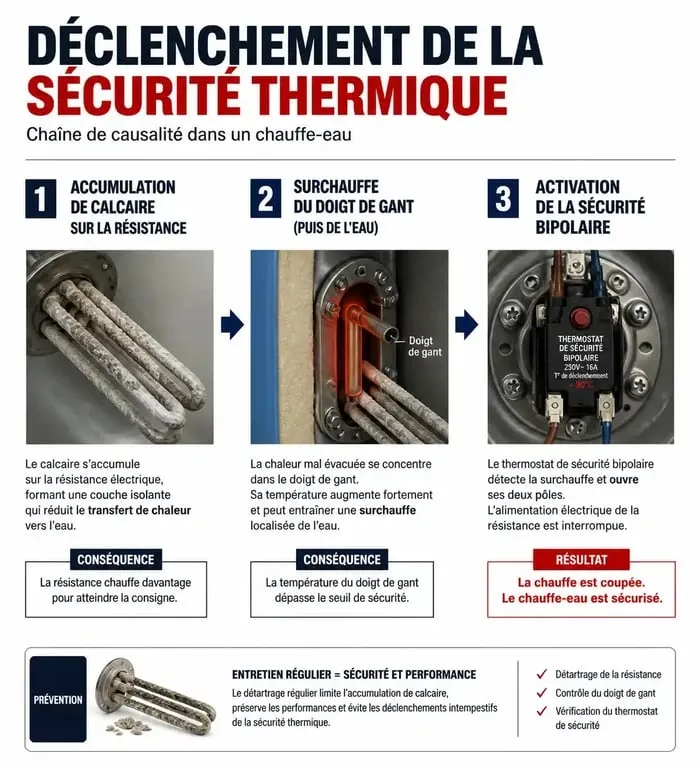 Schéma explicatif de la sécurité thermique chauffe-eau et des causes de surchauffe