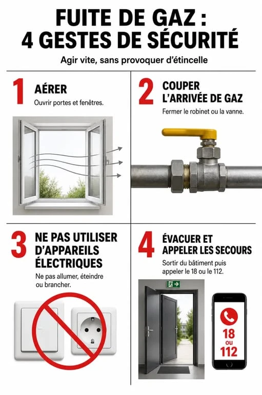 Infographie des 4 réflexes de sécurité en cas de fuite de gaz : que faire et qui appeler en urgence.