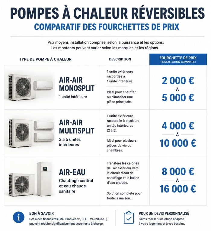 Comparatif des prix moyens d'installation d'une pompe à chaleur clim réversible selon le type d'équipement