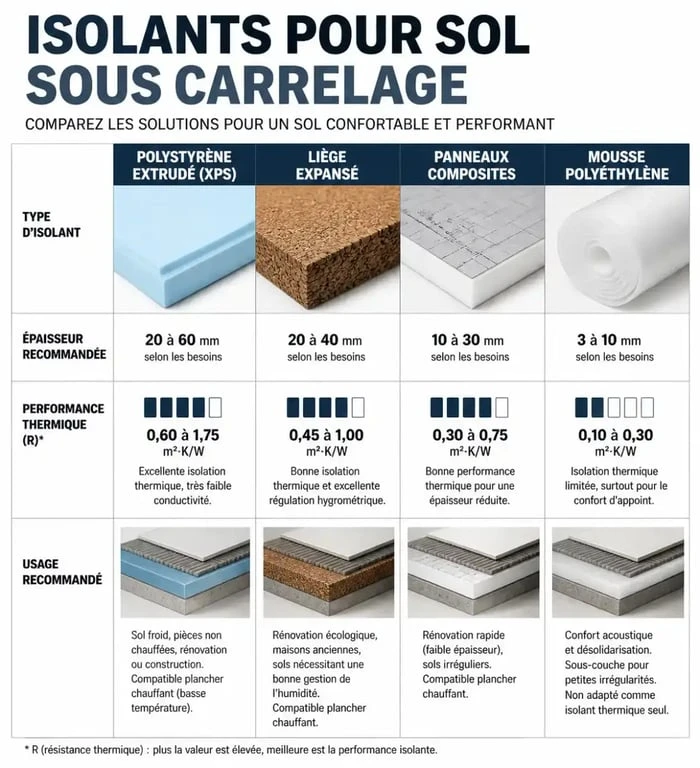 Tableau comparatif des isolants pour isolation thermique sous carrelage sans chape