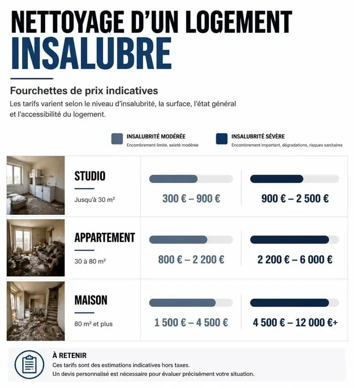 Tableau comparatif des tarifs de nettoyage d'une maison insalubre selon la surface et le niveau de dégradation
