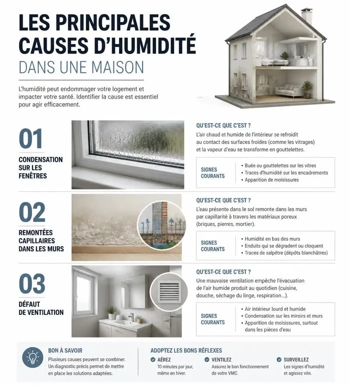 Schéma explicatif des causes de l'odeur d'humidité dans une maison : condensation, infiltrations et ventilation