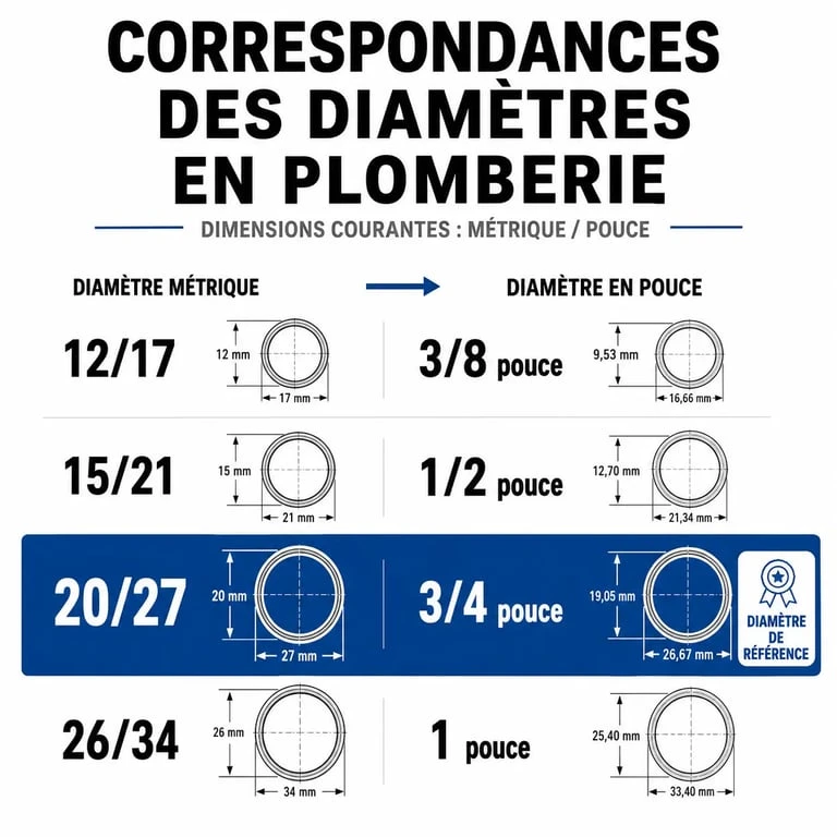 Tableau comparatif des diamètres de plomberie 20/27 et équivalences en pouces