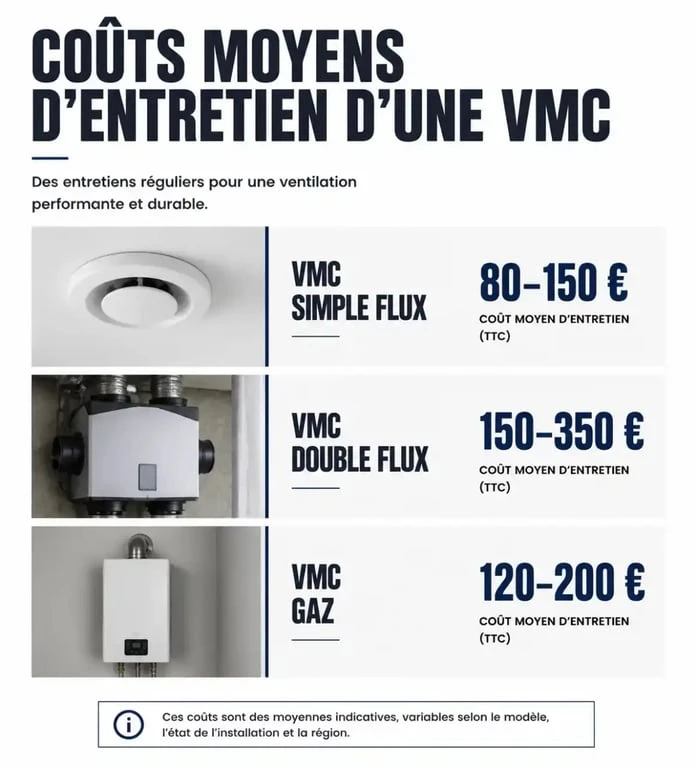 Infographie des prix moyens pour l'entretien d'une VMC selon le type d'installation