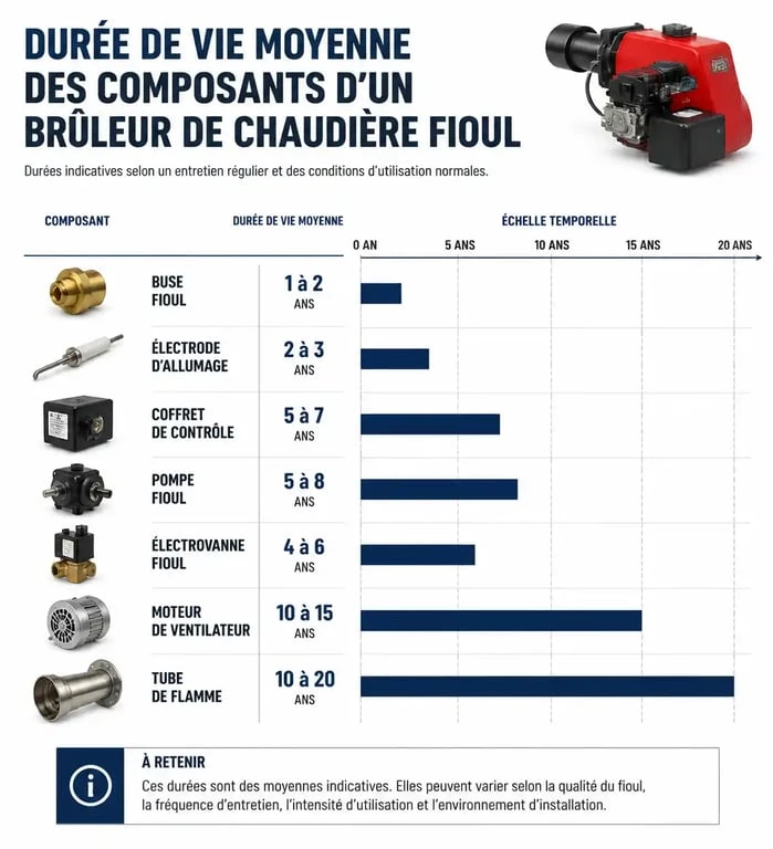 Infographie de la durée de vie des composants d'un brûleur de chaudière fioul pour l'entretien annuel