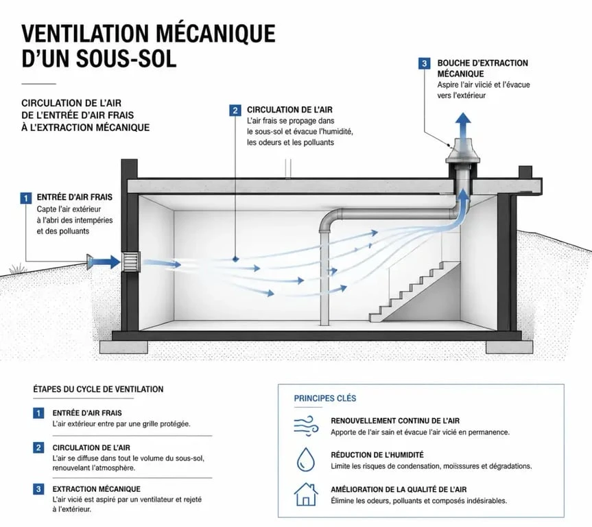 Schéma de fonctionnement de la ventilation mécanique dans un sous-sol pour lutter contre l'humidité