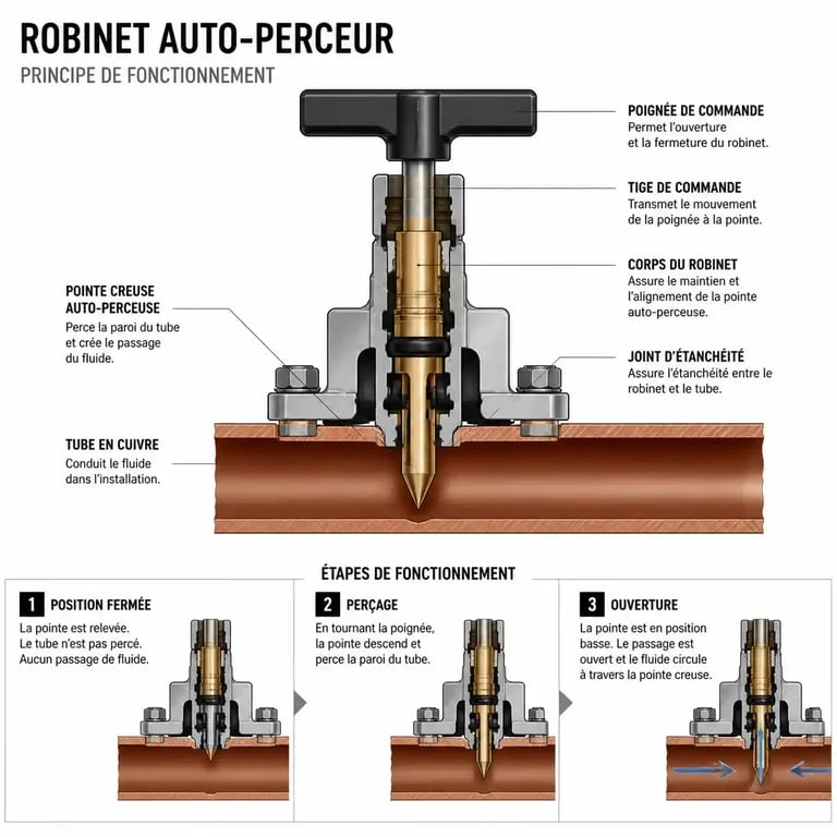 Schéma de fonctionnement d'un robinet auto perceur sur tuyau en cuivre
