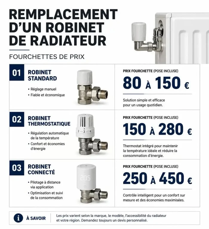 Infographie des prix moyens pour le changement d'un robinet de radiateur par un plombier professionnel