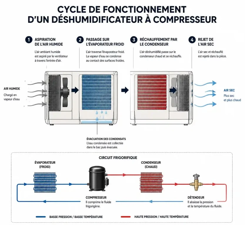 Schéma du cycle de fonctionnement d'un déshumidificateur d'air à compresseur