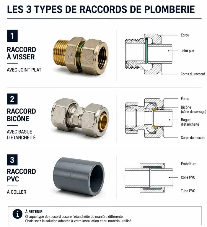 Schéma des trois types de raccords de plomberie pour réparer une fuite d'eau sur un raccord