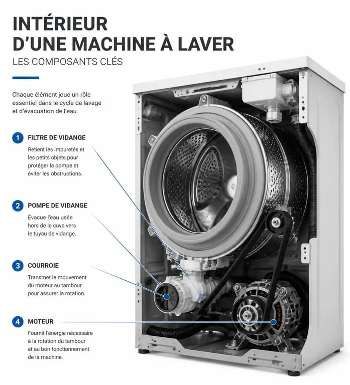 Schéma des composants internes d'une machine à laver pour diagnostiquer pourquoi ma machine à laver n'essore plus