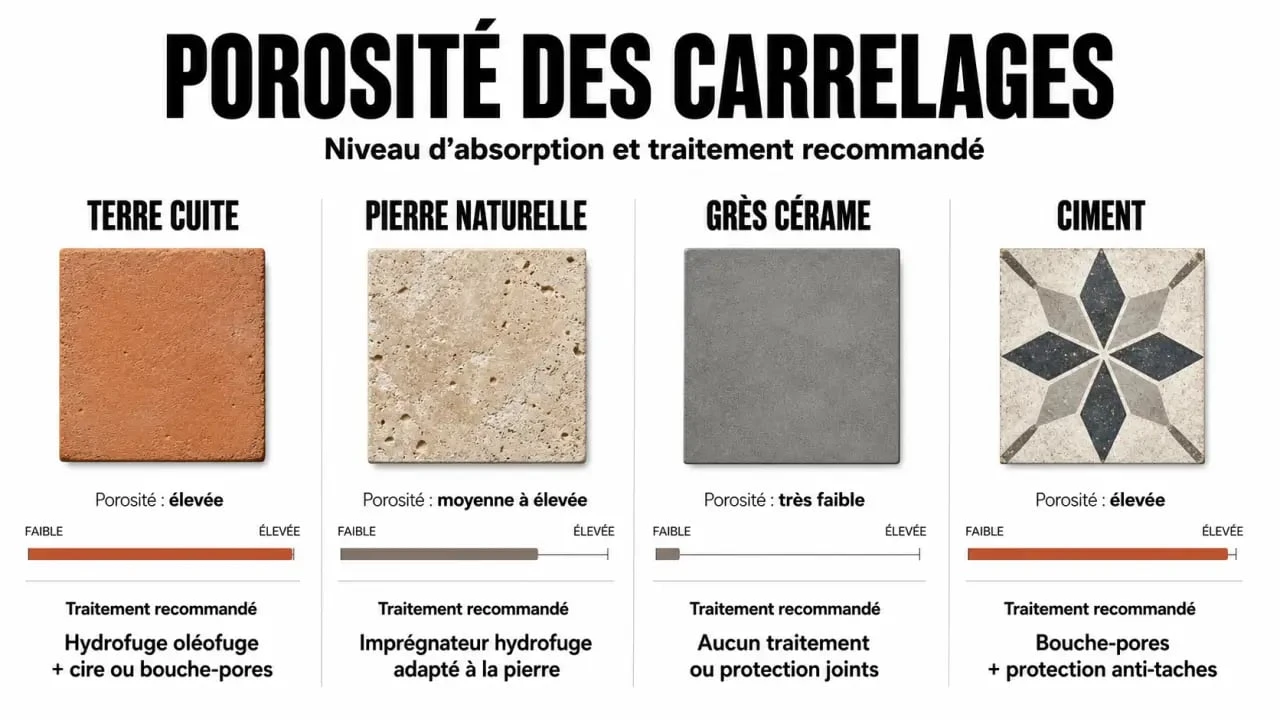 Tableau comparatif des types de carrelage et imperméabilisant carrelage adapté