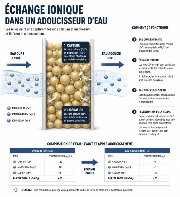Schéma du fonctionnement d'un adoucisseur d'eau par échange ionique pour obtenir une eau adoucie