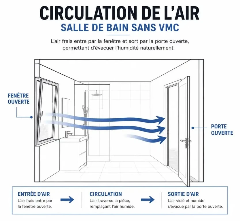 Schéma illustrant comment ventiler une salle de bain sans VMC par courant d'air