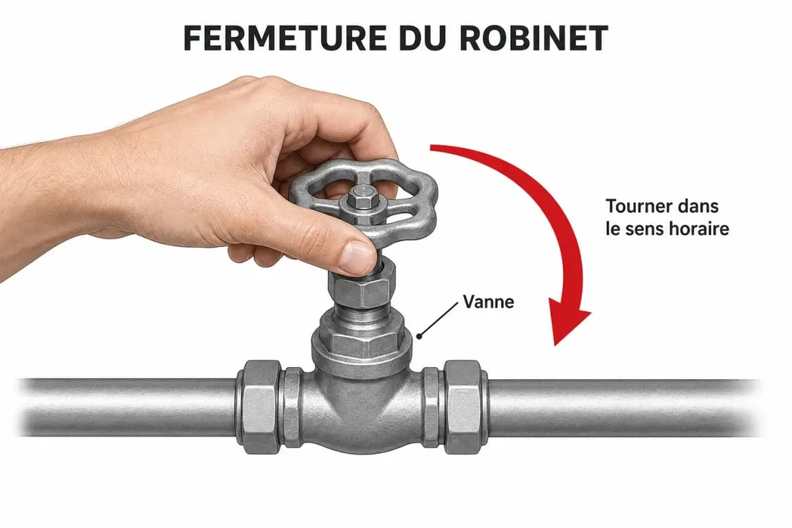 Schéma illustrant le sens de fermeture d'un robinet dans le sens des aiguilles d'une montre pour éviter les fuites d'eau.