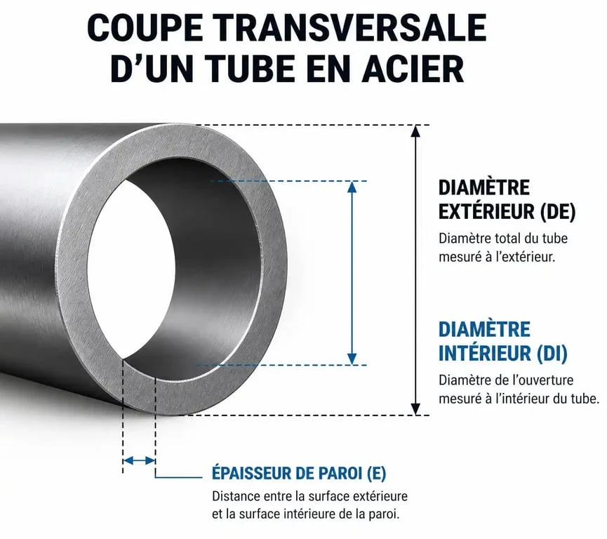 Schéma technique illustrant les mesures d'un tube en acier : diamètre extérieur, intérieur et épaisseur pour le choix du diamètre des tuyaux acier.