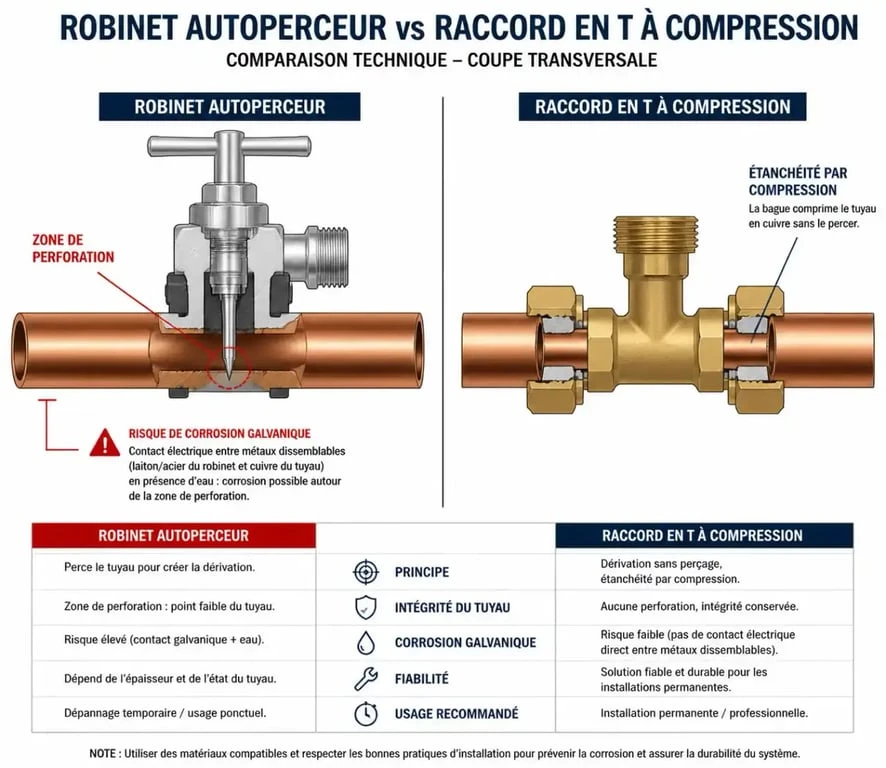 Schéma comparatif entre un robinet autoperceur interdit et un raccord en T conforme pour plomberie