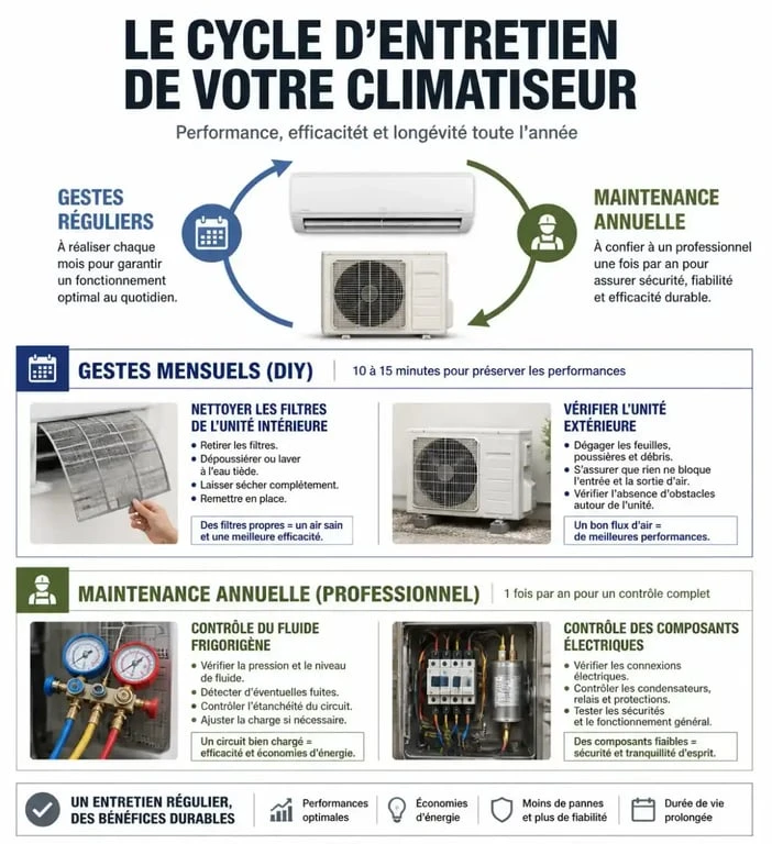 Infographie sur l'entretien d'un climatiseur : étapes de nettoyage DIY et maintenance professionnelle