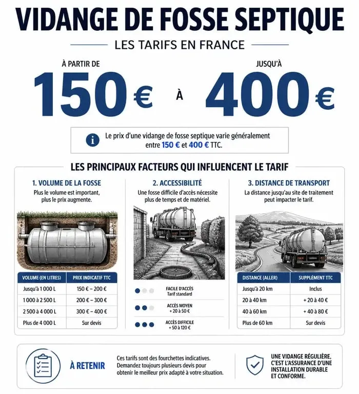 Infographie des tarifs de vidange de fosse septique en France : prix moyen et facteurs de variation