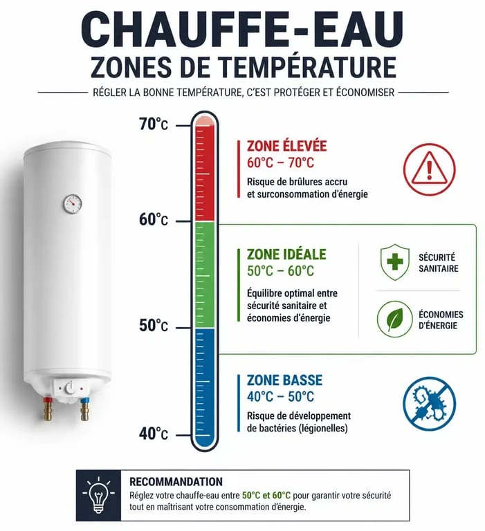 Infographie sur la température idéale pour chauffe-eau : zones de sécurité et économies d'énergie