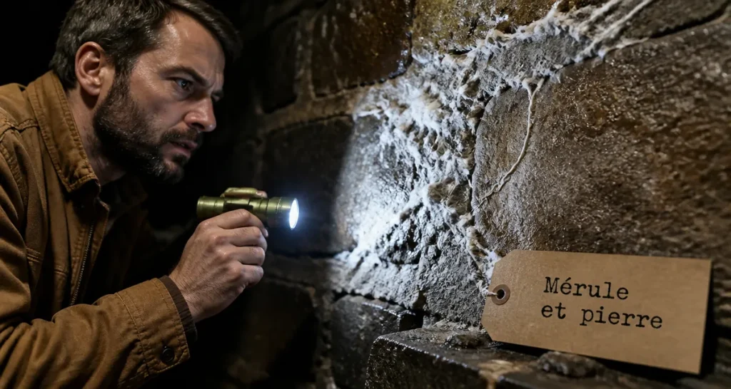 Mérule et pierre : mycélium dans une cave en pierre humide