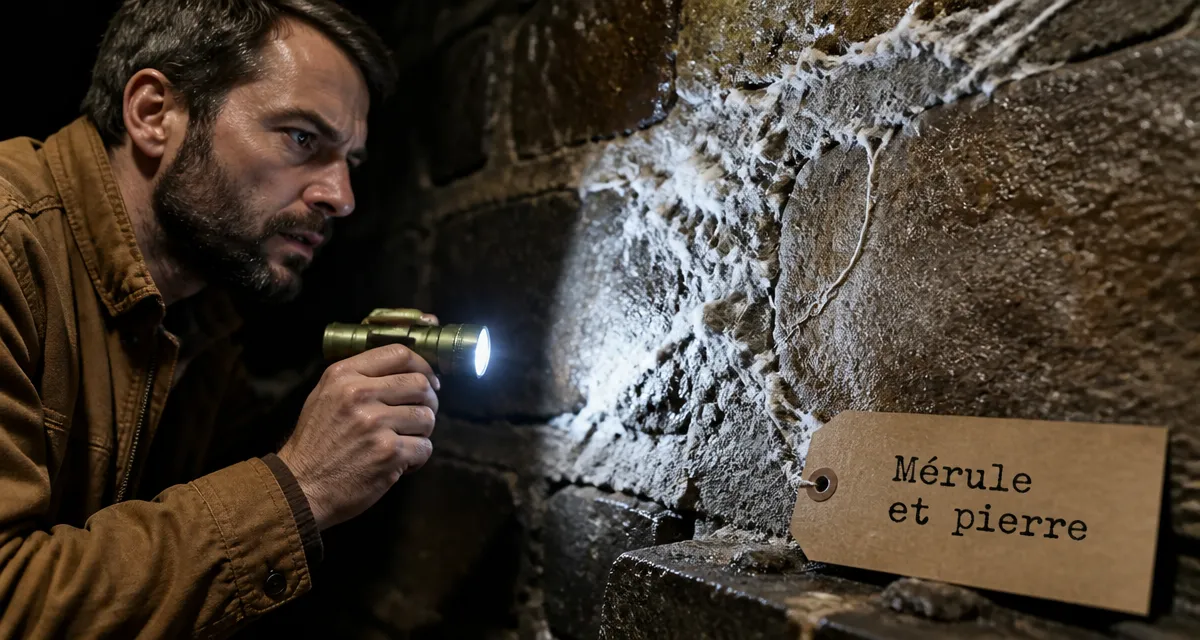 Mérule et pierre : mycélium dans une cave en pierre humide