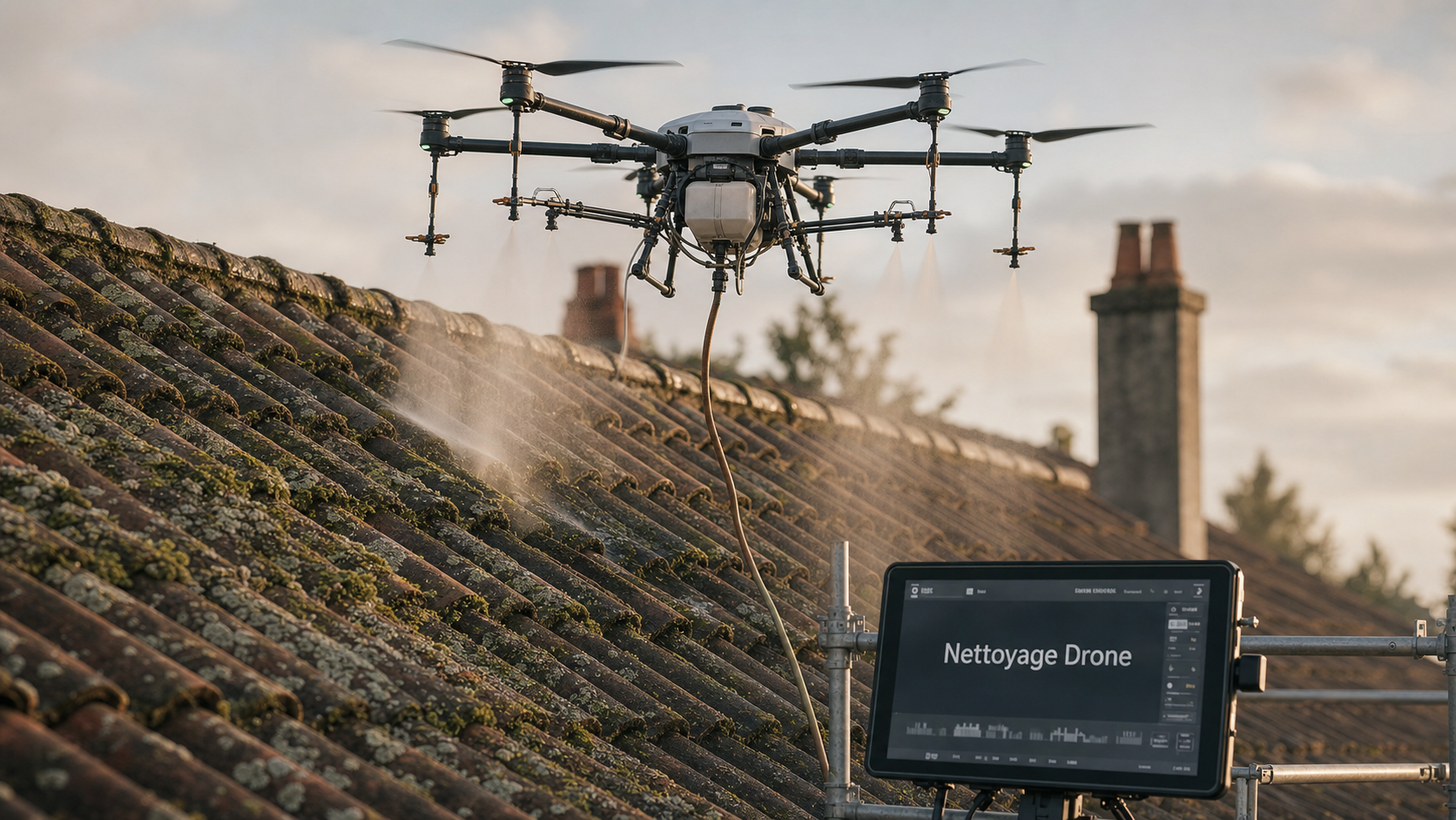 Nettoyage toiture par drone avis : drone pulvérise sur tuiles et mousse