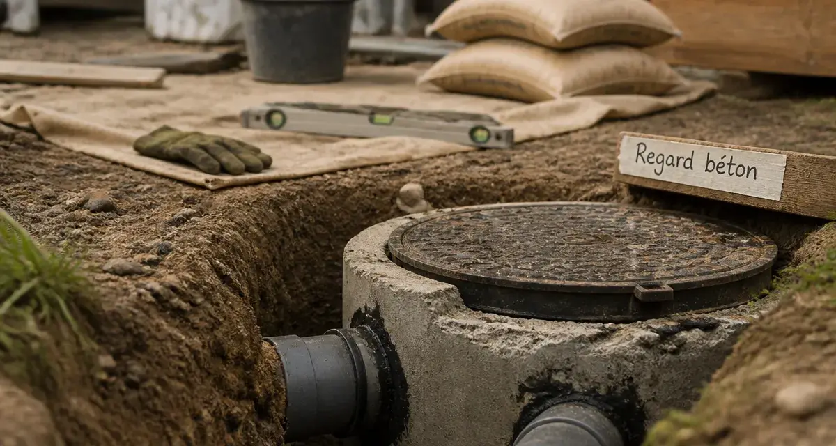 Plomberie regard : regard d’assainissement béton, tranchée et tuyaux