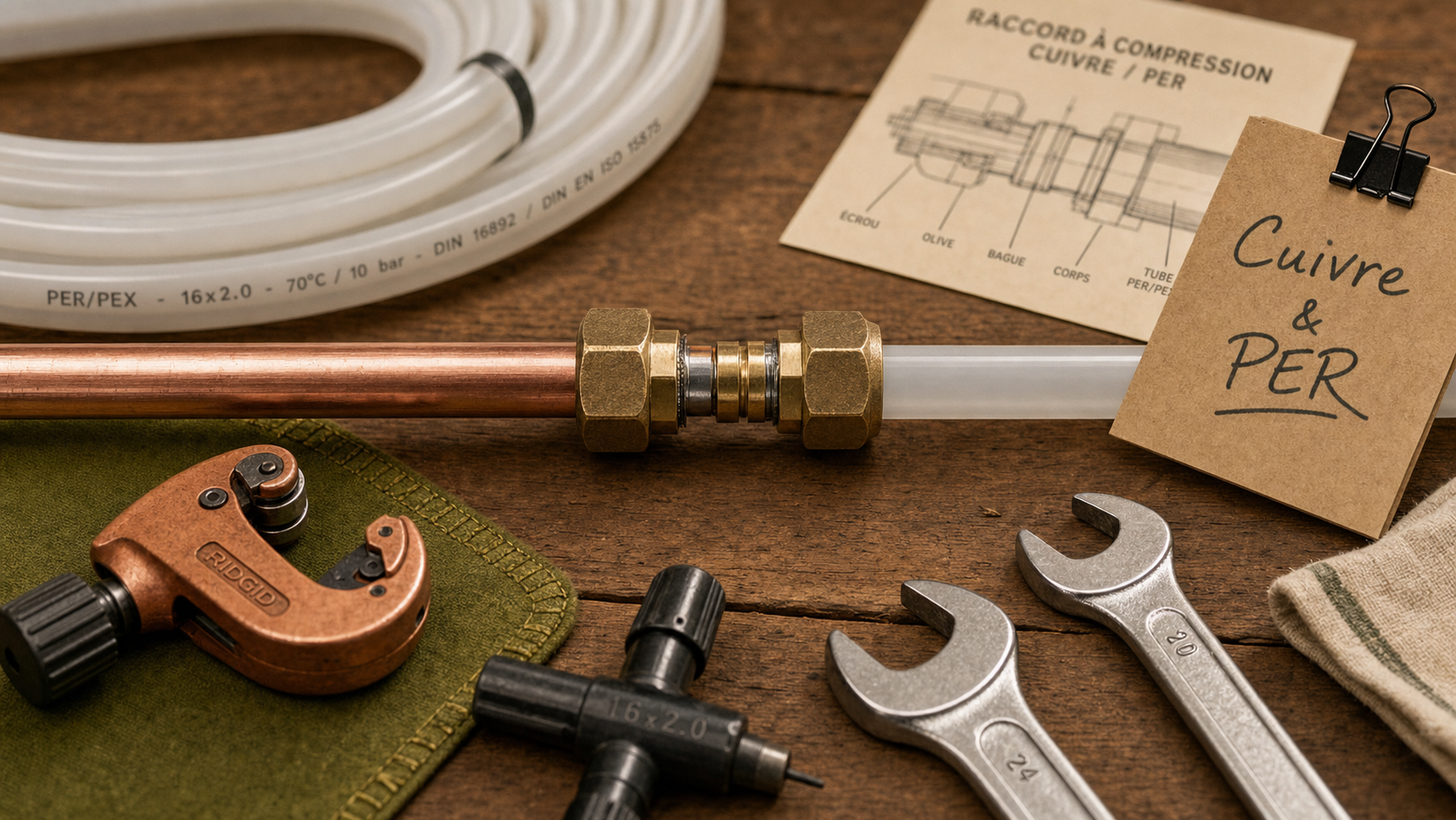 Raccordement PER sur cuivre : raccord à compression sans fuite, tube PER et cuivre