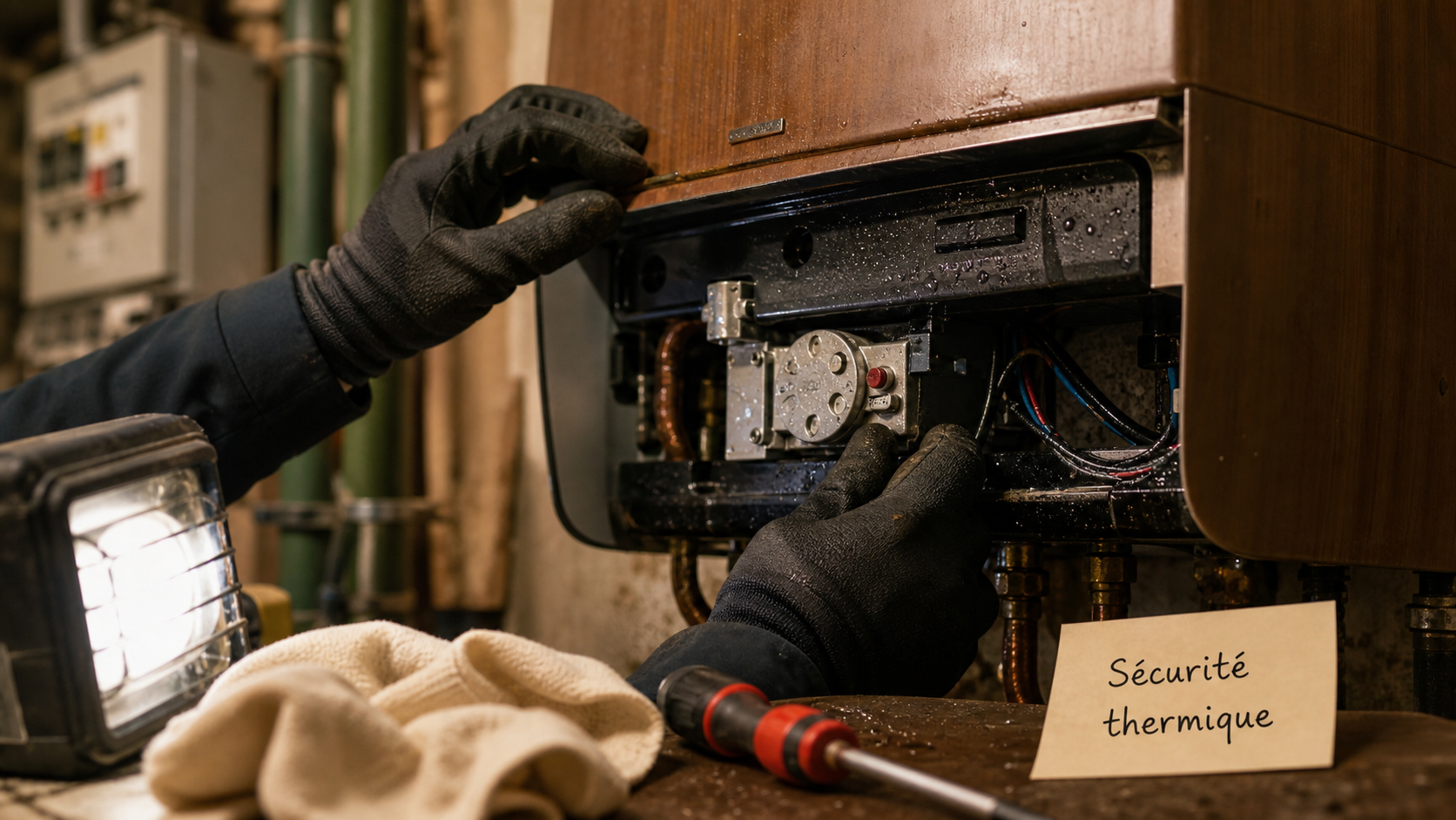Réarmer thermostat chauffe eau : technicien ouvre capot et presse le bouton