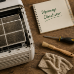 Réparation climatiseur mobile avec filtre à air et outils