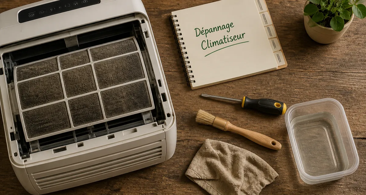 Réparation climatiseur mobile avec filtre à air et outils