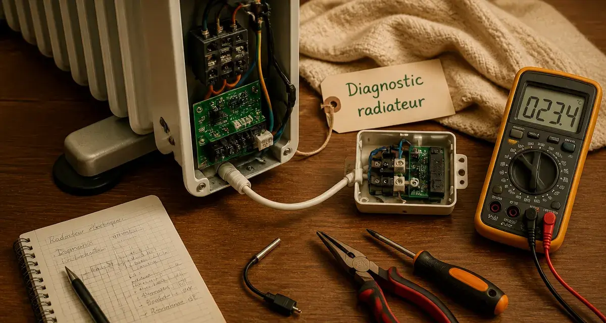 Réparation radiateur électrique : diagnostic, multimètre et carte électronique visible