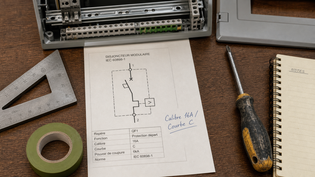 Symbole disjoncteur sur schéma : calibre 16A courbe C