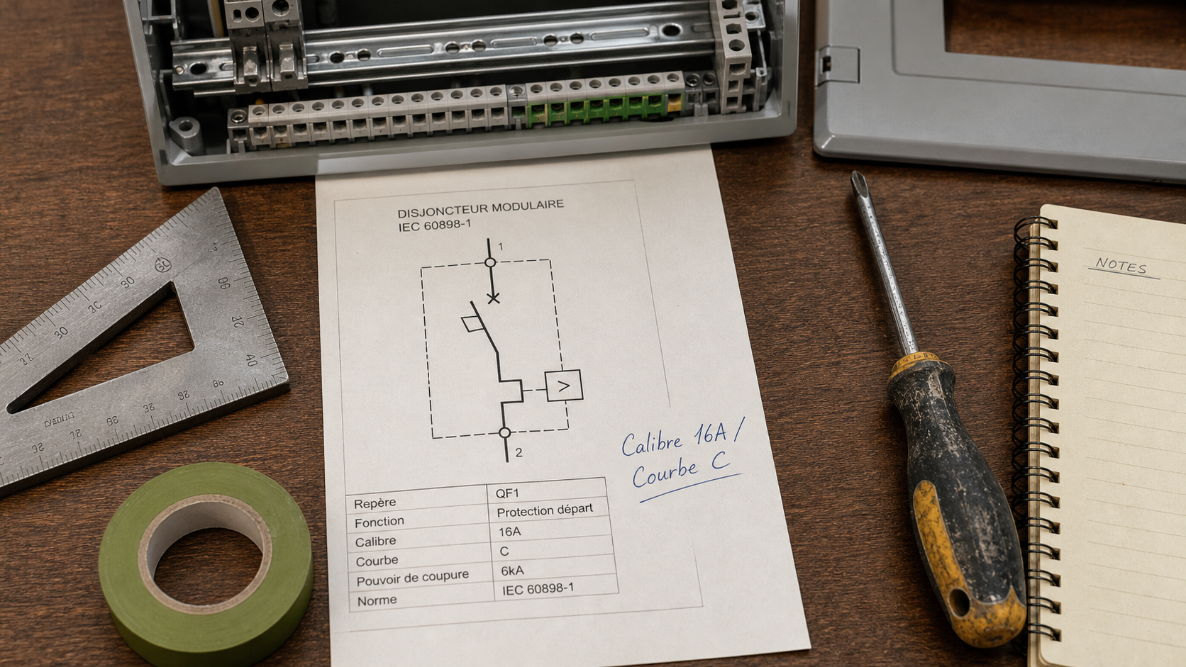 Symbole disjoncteur sur schéma : calibre 16A courbe C