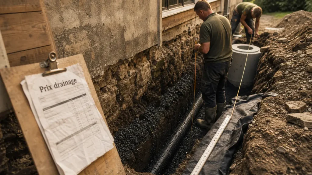 Drainage maison ancienne prix : tranchée avec tuyau perforé et pente 1 %