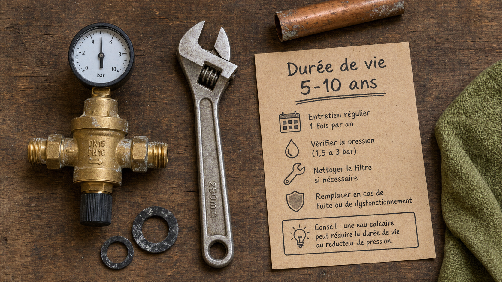 Duree de vie d'un reducteur de pression d'eau : 5 à 10 ans, manomètre et joints
