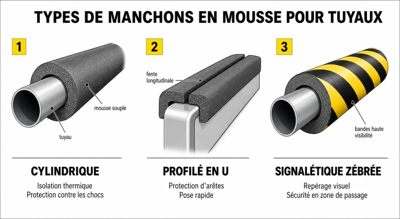 Schéma illustrant les différents types de protection tuyau mousse et leurs applications