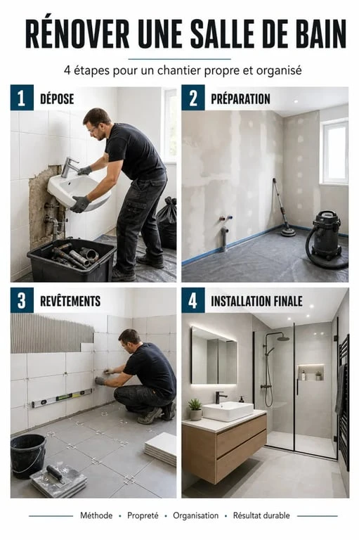 Illustration pour renover une salle de bain en 4 étapes, de la dépose à la finition