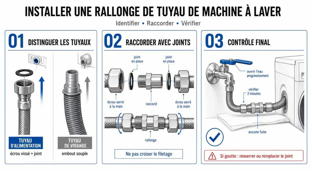 Rallonge tuyau machine à laver : schéma des étapes d’installation entre alimentation et vidange