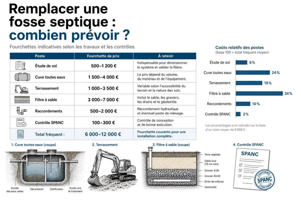 Prix remplacement fosse septique : infographie sur les fourchettes de coût, les postes de dépense et les facteurs de prix