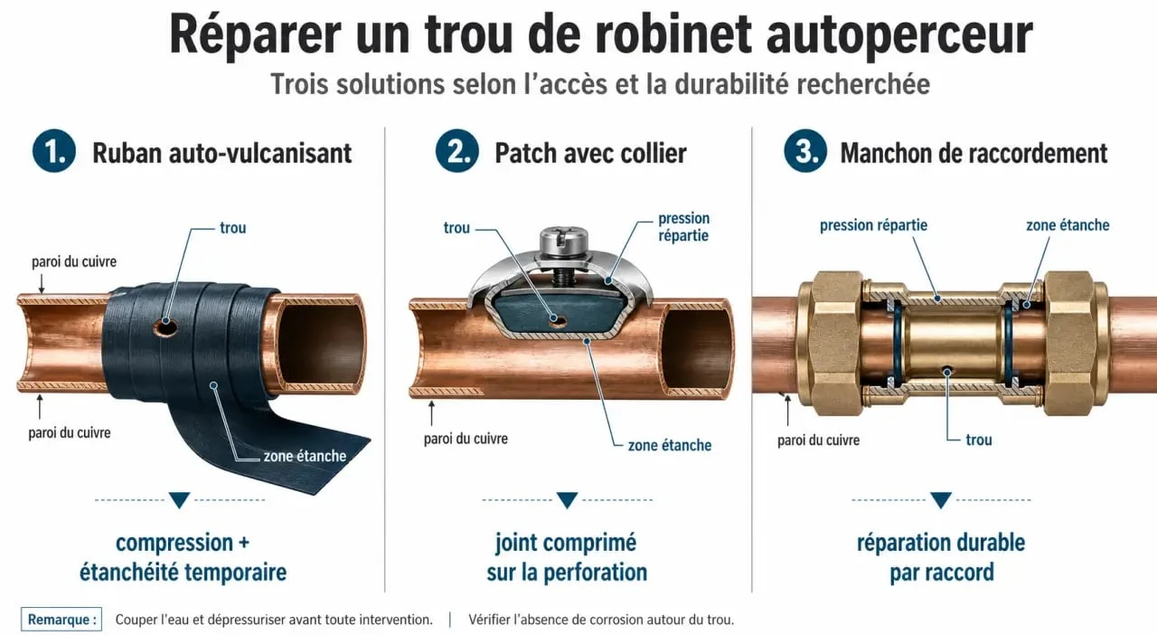 Schéma illustrant les différentes méthodes pour boucher un trou de robinet autoperceur sur une canalisation en cuivre