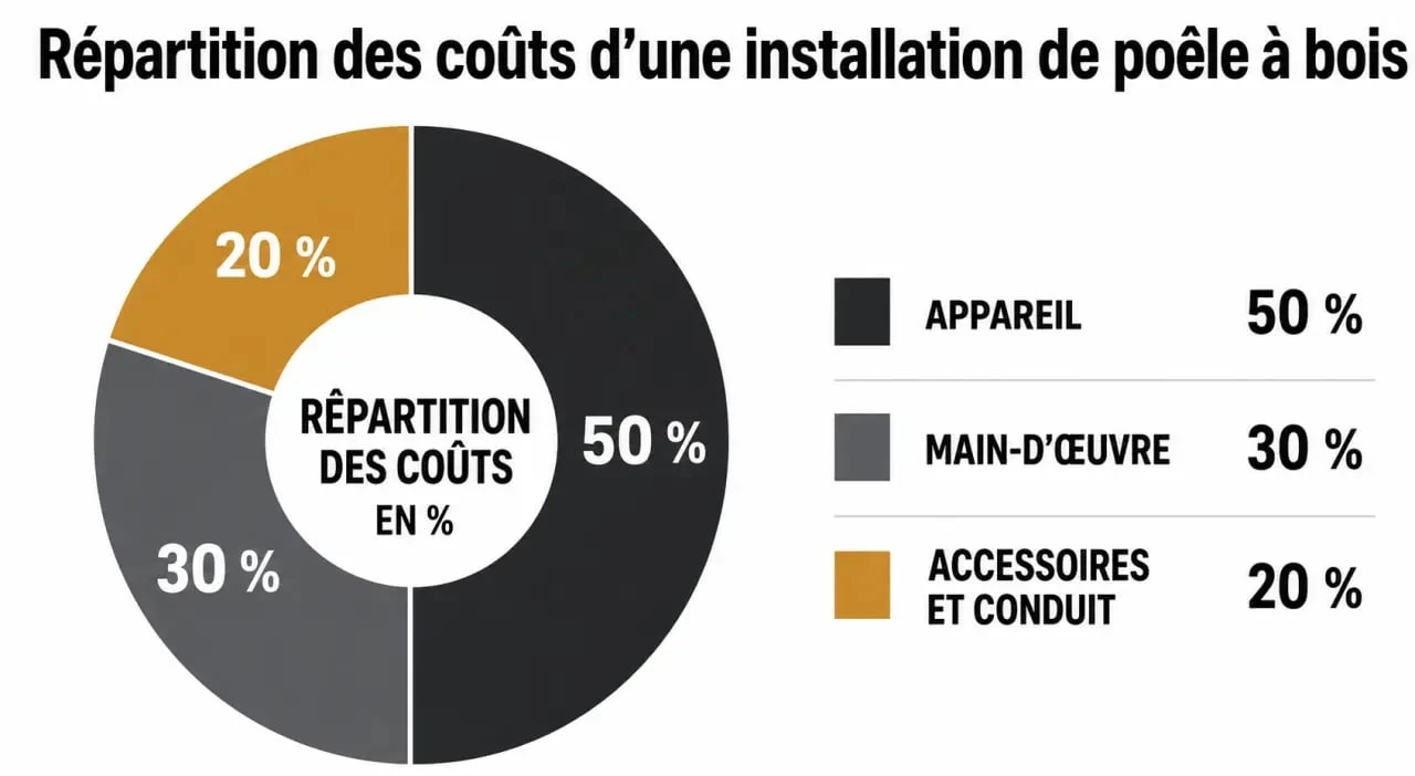 Répartition des coûts pour l'installation d'un poêle à bois : appareil, main-d'œuvre et conduit.