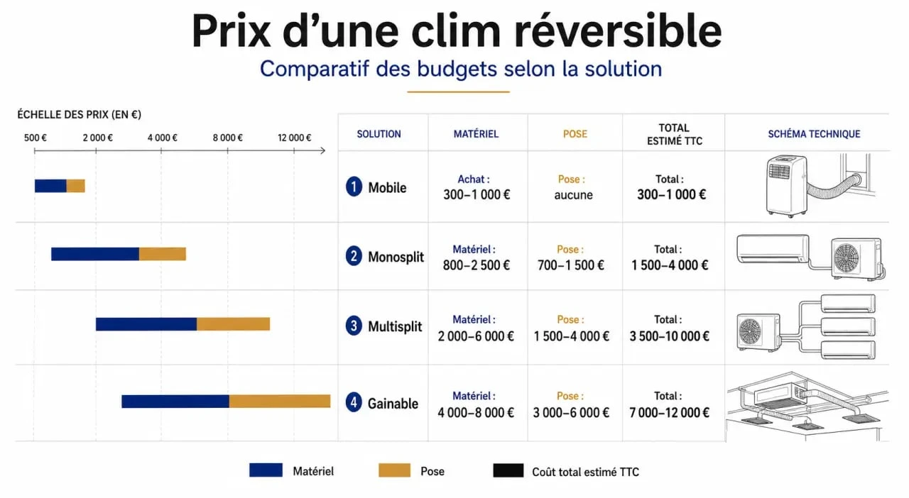 Prix clim réversible : comparatif des budgets selon monosplit, multisplit, gainable et mobile