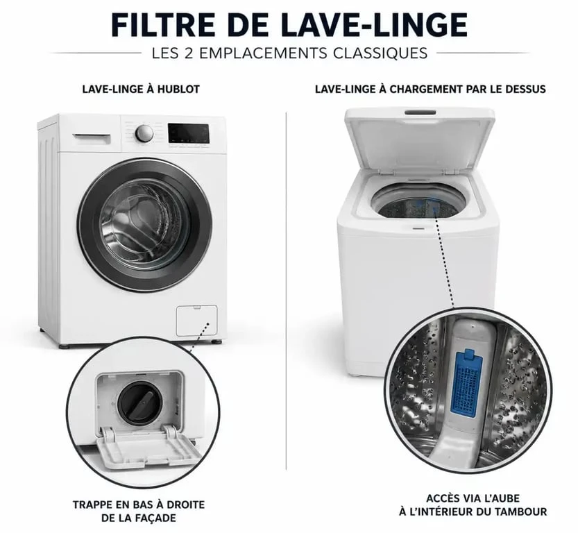 Schéma montrant où se trouve le filtre de la machine à laver selon le modèle