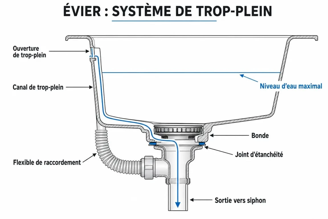Schéma technique du fonctionnement d'un trop-plein d'évier