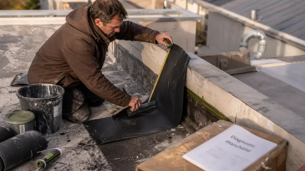 étanchéité des toitures : relevé de membrane sur solin en toit plat bac acier
