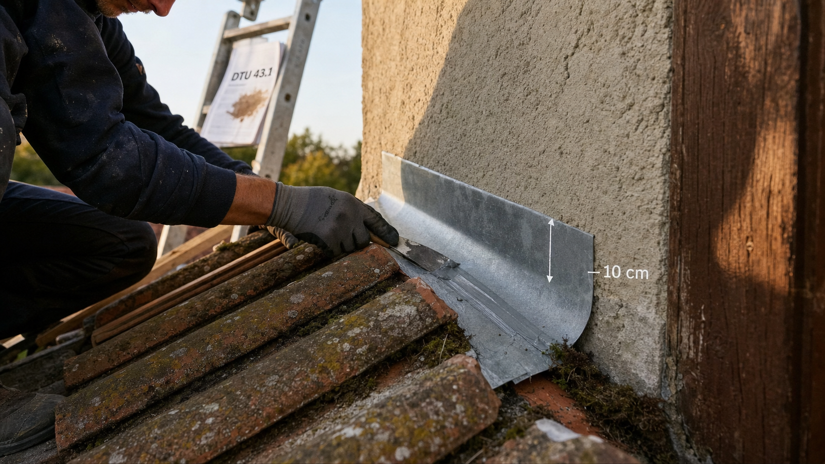 Étanchéité d'un toit contre un mur : solin zinc et mastic contre infiltrations